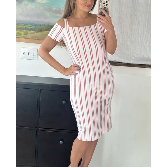 Calvin Klein Size 8 White Pink Stripe Midi Dress - Picture 2 of 5